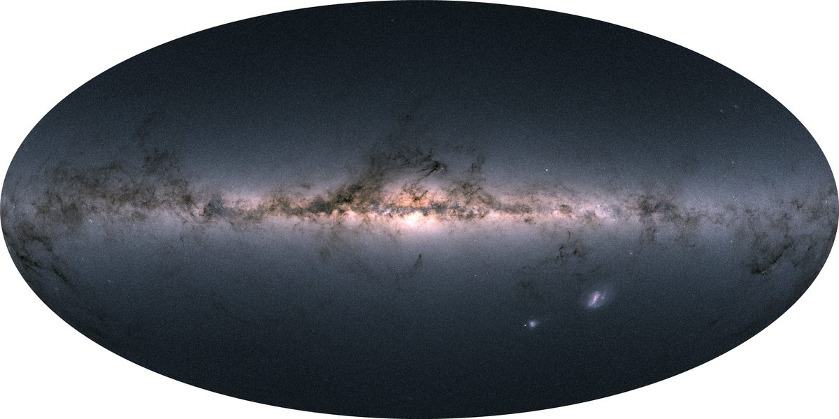 Gaia's all-sky map of nearly 1.7 billion stars, with the Milky Way as a bright band across the middle.