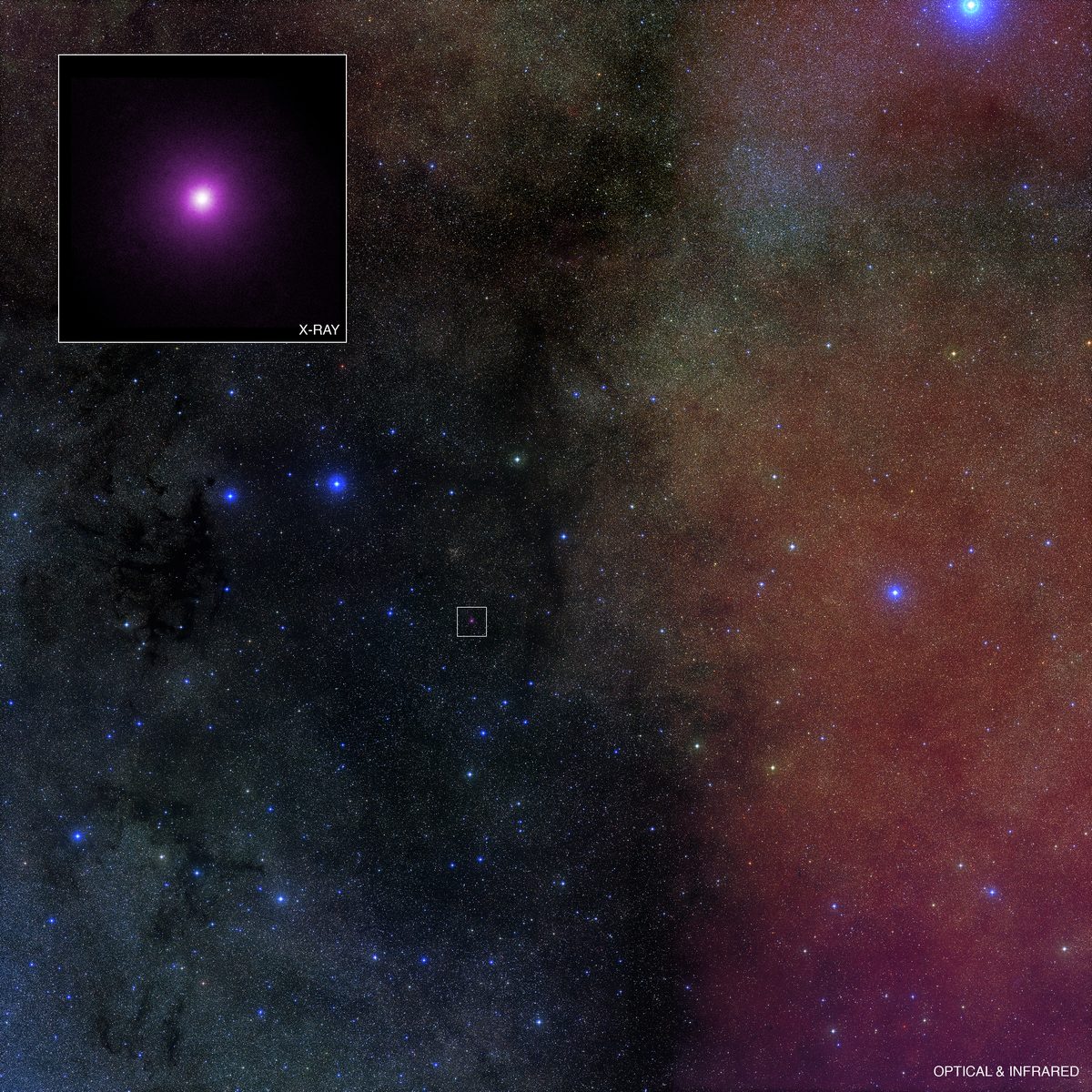 Star field around GRS 1915+105 with Chandra's X-ray view in an inset.