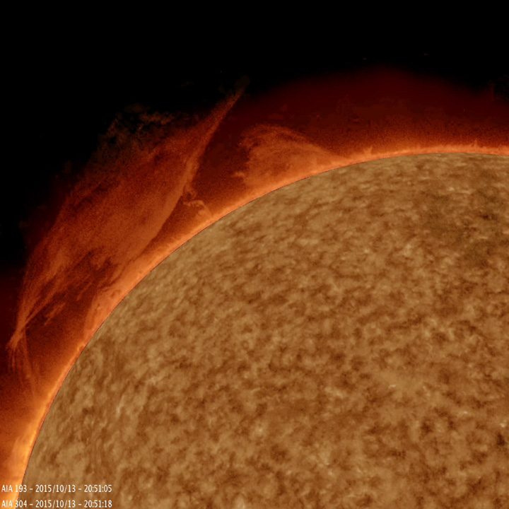 Extreme-ultraviolet image of a large plasma prominence erupting from the edge of the Sun.