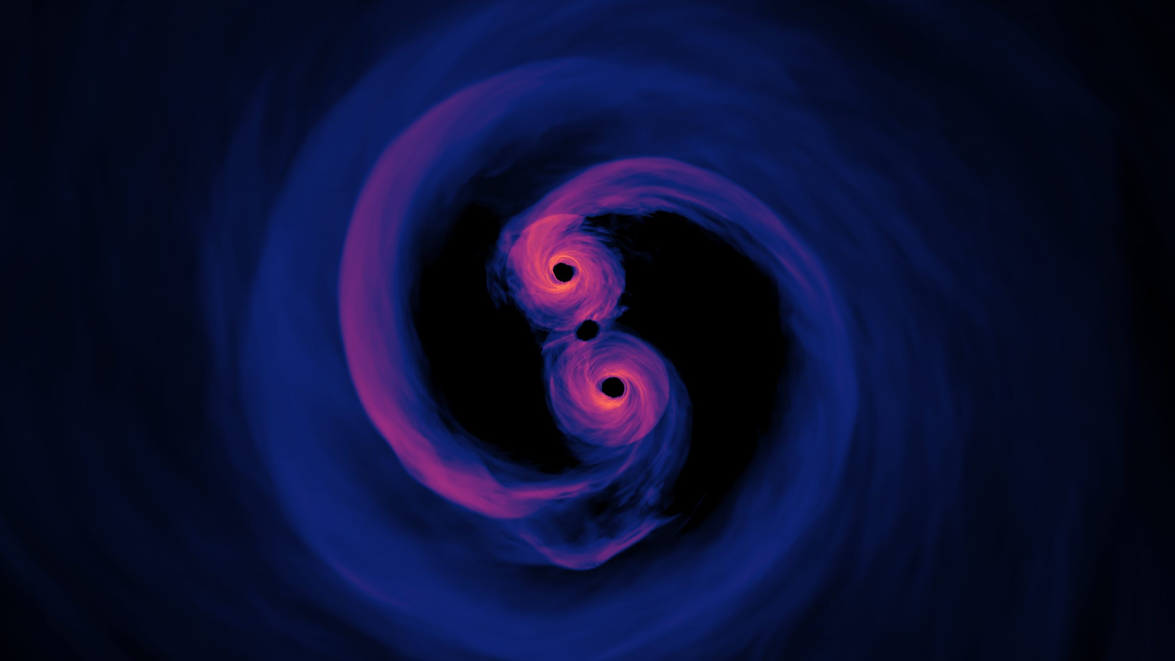 Simulation of two supermassive black holes close together, each with its own glowing disk inside a shared disk of gas.