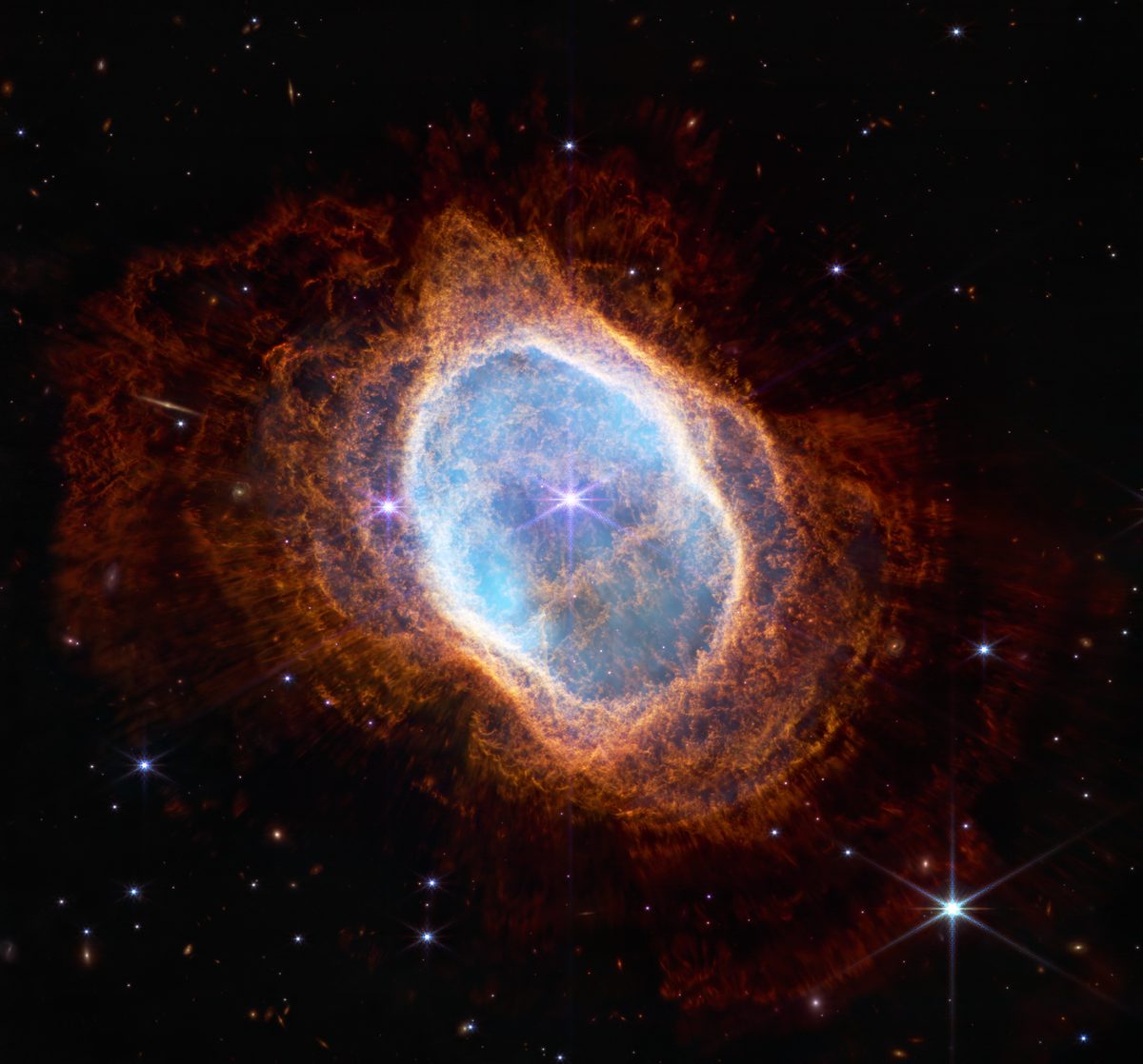 Webb near-infrared image of the Southern Ring Nebula, shells of gas around a pair of stars at the centre.