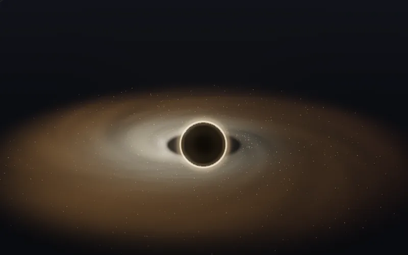 3D quasar: a black hole shadow inside a glowing, dusty orange disc.