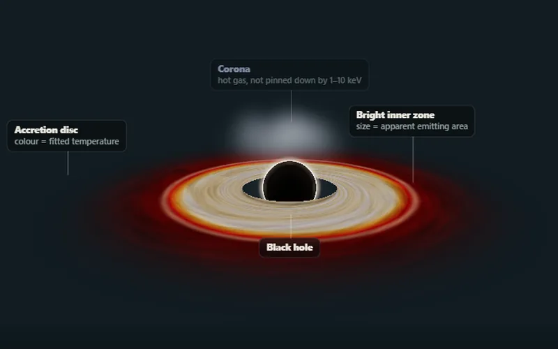 3D black hole with a disc coloured by fitted temperature and a hazy corona above it, with labels.