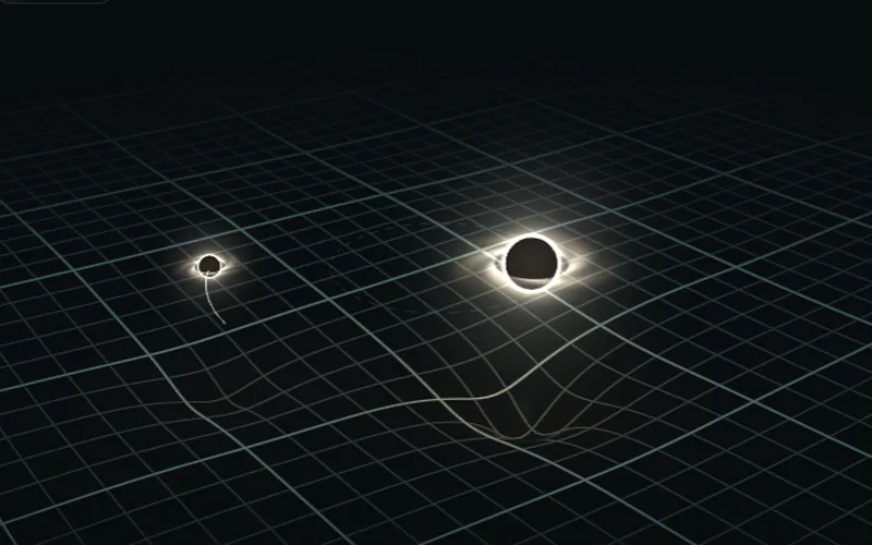 Two black holes orbiting on a warped grid that stands for spacetime, with ripples spreading out.