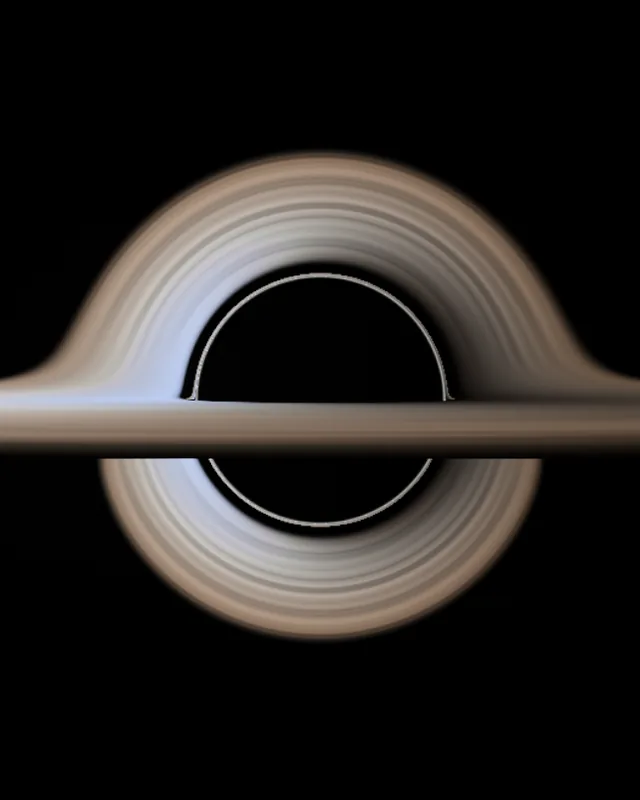 3D view of an accretion disc seen nearly edge-on around a black hole shadow, with the far side of the disc bent up over the shadow and under it.