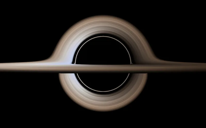 3D view of an accretion disc seen nearly edge-on around a black hole shadow, with the far side of the disc bent up over the shadow and under it.